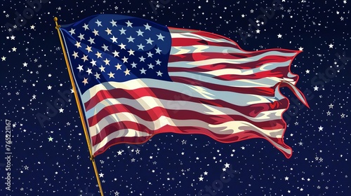 American flag fluttering among stars in night sky. Patriotic USA background, digital illustration, national pride concept