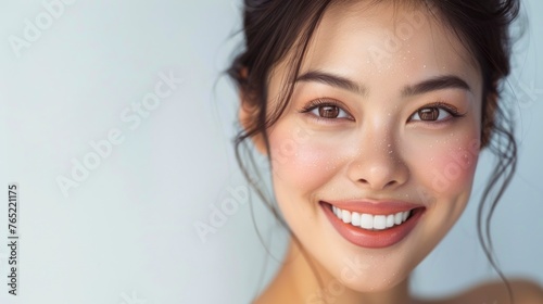 portrait of a beautiful woman with Japanese features on a gray background in high resolution and quality