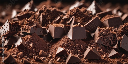 Chocolate Shards and Powder on Black. A pile of irregular-shaped chocolate chunks and cocoa powder sits on a black background. photo