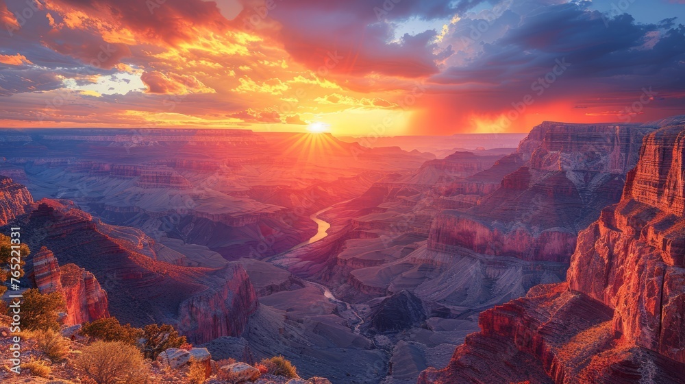 The sun sets over the grand canyon, painting the sky with vibrant colors