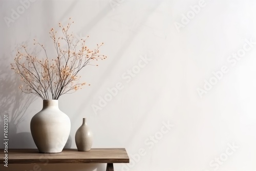 Artistic arrangement of dry twigs in handcrafted ceramic vases on a minimalist wooden bench. Dry Branches in Ceramic Vases on Wooden Table © Anatolii