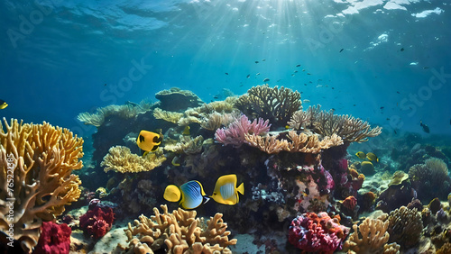 Sea corals in their natural environment, with small yellow fish.