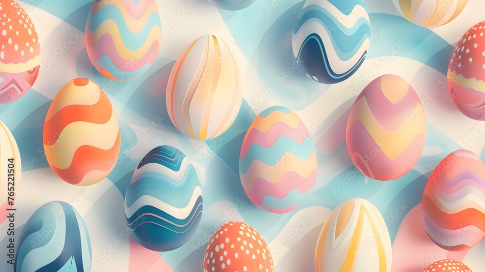Easter eggs of retro elegance converge in an abstract illustration, crafting a seamless pattern with vibrant pastel colors in a captivating arrangement. 