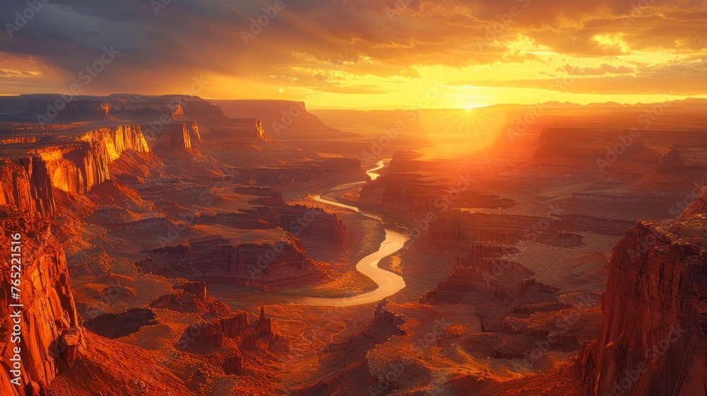 Afterglow paints the sky orange over a canyon with a river