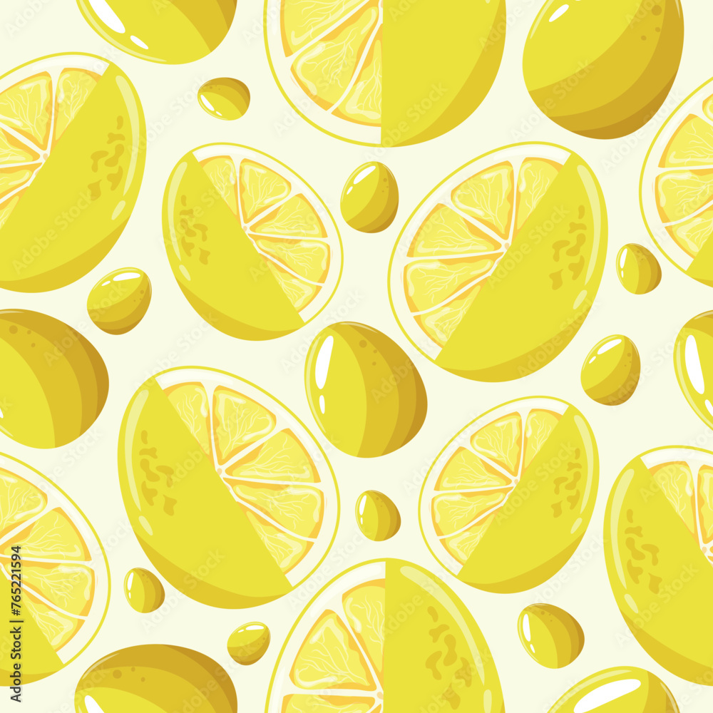 Easter seamless pattern with decorated eggs with juicy lemon and yellow eggs for holiday poster, textile or packaging