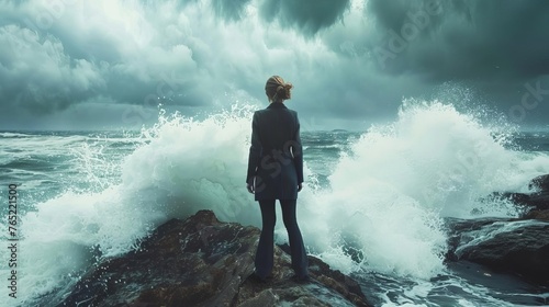 Businesswomen Standing on Rock, Facing Crashing Waves in Stormy Ocean, Rear View, Courage Concept
