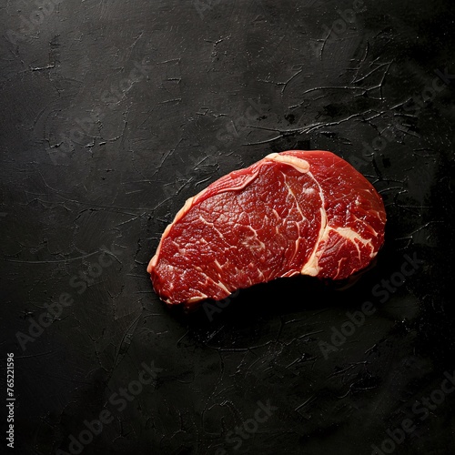 Raw dry aged bison beef rump steak piece and slices offered as close-up on black background with copy space. ai generative