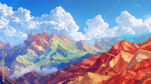 Colorful illustration of Zhangye Danxia Geopark mountains against beautiful clouds, digital art