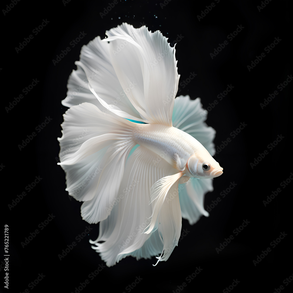 amazing pure whiter Betta fish with long peach fuzz tail and fins posing against black background. close up. Digital artwork. Ai generated amazing pure whiter Betta fish with long peach fuzz tail and fins posing against black background. close up. Digital artwork. Ai generated