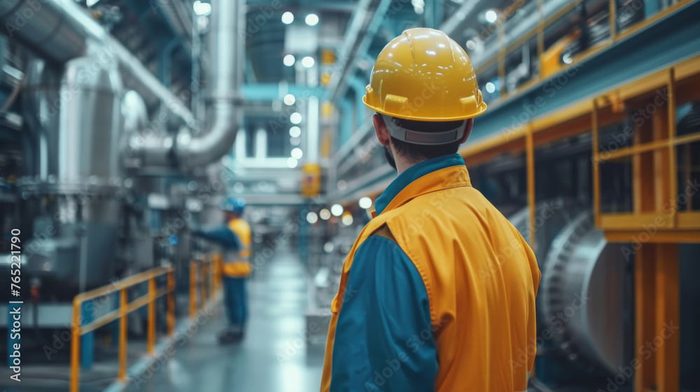 A focused engineer in a yellow hard hat surveys the machinery at a busy, high-tech industrial plant. A focused engineer in a yellow hard hat surveys the machinery at a busy, high-tech industrial plant.