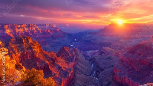 Sun setting over Grand Canyon, coloring sky with natural beauty