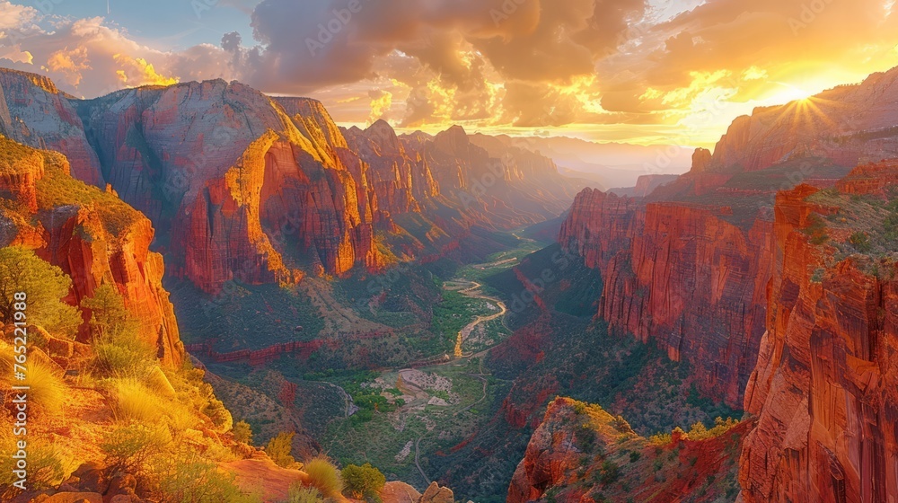 A breathtaking aerial painting of a canyon with a river under the sunset sky