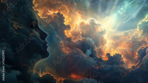 Mind's Eye: Capture an image of a person deep in thought, surrounded by swirling clouds of ideas and concepts. Rays of light pierce through the clouds. Generative AI