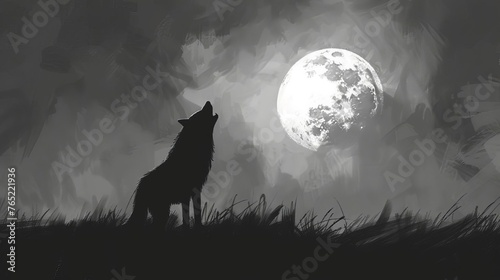 Dramatic Silhouette of Lone Wolf Howling at Full Moon, Moody Monochromatic Landscape Sketch