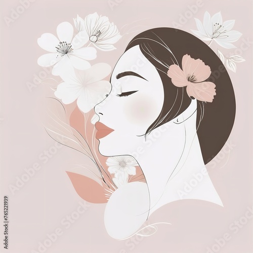 Abstract female face in one line. Woman face with flowers Surreal Line art female floral girl. Minimalism Abstract modern Continuous single line woman face portrait 