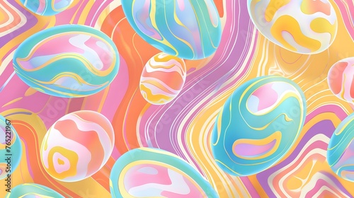 Easter eggs of retro elegance converge in an abstract illustration  crafting a seamless pattern with vibrant pastel colors in a captivating arrangement. 