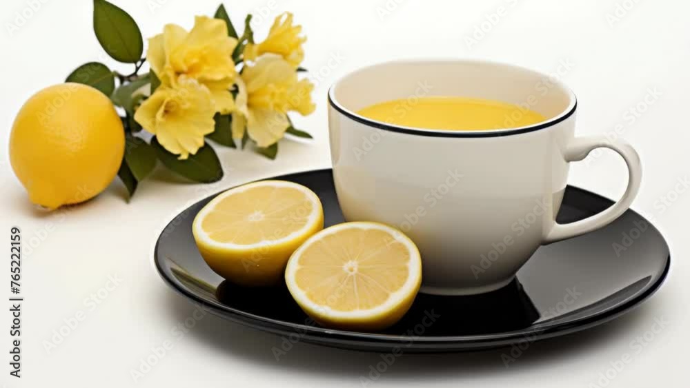 Cup of tea sits on black plate with slice of lemon on side Cup of tea sits on black plate with slice of lemon on side