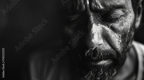 Emotional Man Crying with Tears Streaming Down His Face, Powerful Portrait Photography