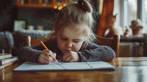 A creative preschool child, a young girl, is drawing on paper while sitting at a table at her home.