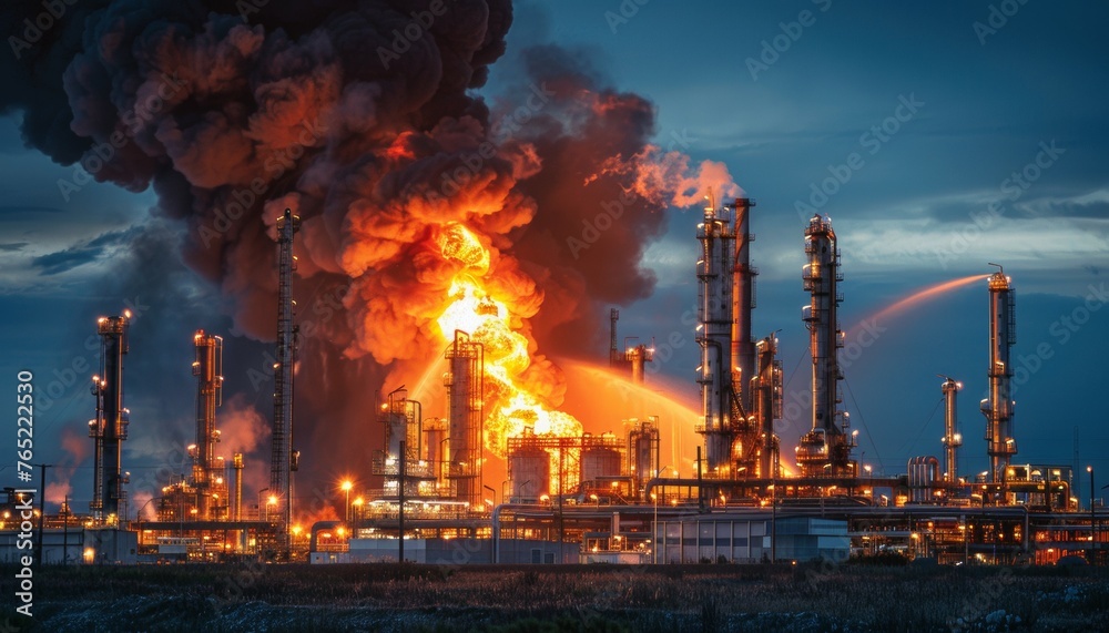 A large oil refinery is on fire, with flames shooting into the sky