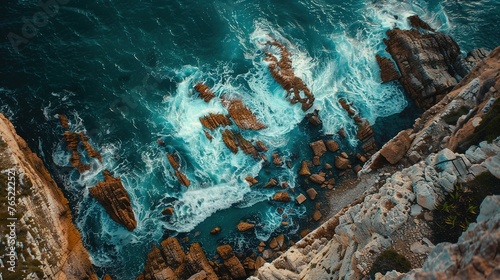 Aerial View of the Ocean Rocky Shore. Sea, Coastline, Breakwater, Landscape, Wallpaper, Background, Nature, Coastal, Drone, Land, Water, Coast, Rock, View 