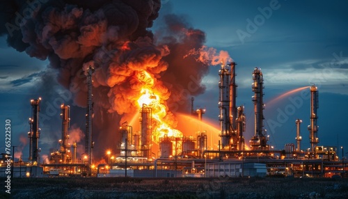 A large oil refinery is on fire  with flames shooting into the sky