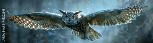 Levitating owl, moonlight setting, dark woods background, mysterious aura.