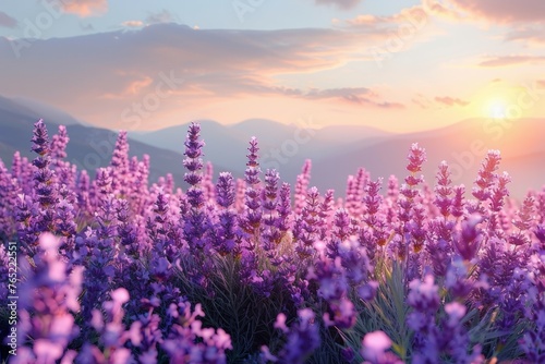 A field of purple flowers with a sun in the background