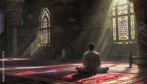 Man deeply immersed in prayer within mosque. Reverent, focused posture seeks spiritual connection in serene sacred space 🕌🙏✨