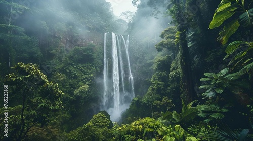 Majestic Waterfalls Cascading Through a Serene Tropical Rainforest, Landscape Photography