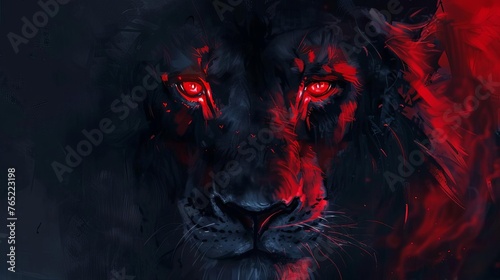 Menacing lion with glowing red eyes, dark horror illustration. Intimidating wild animal portrait, digital painting, scary concept photo