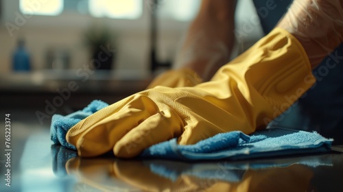 Person in yellow gloves meticulously cleaning a shiny surface. Hands in protective gloves sanitizing a reflective countertop.