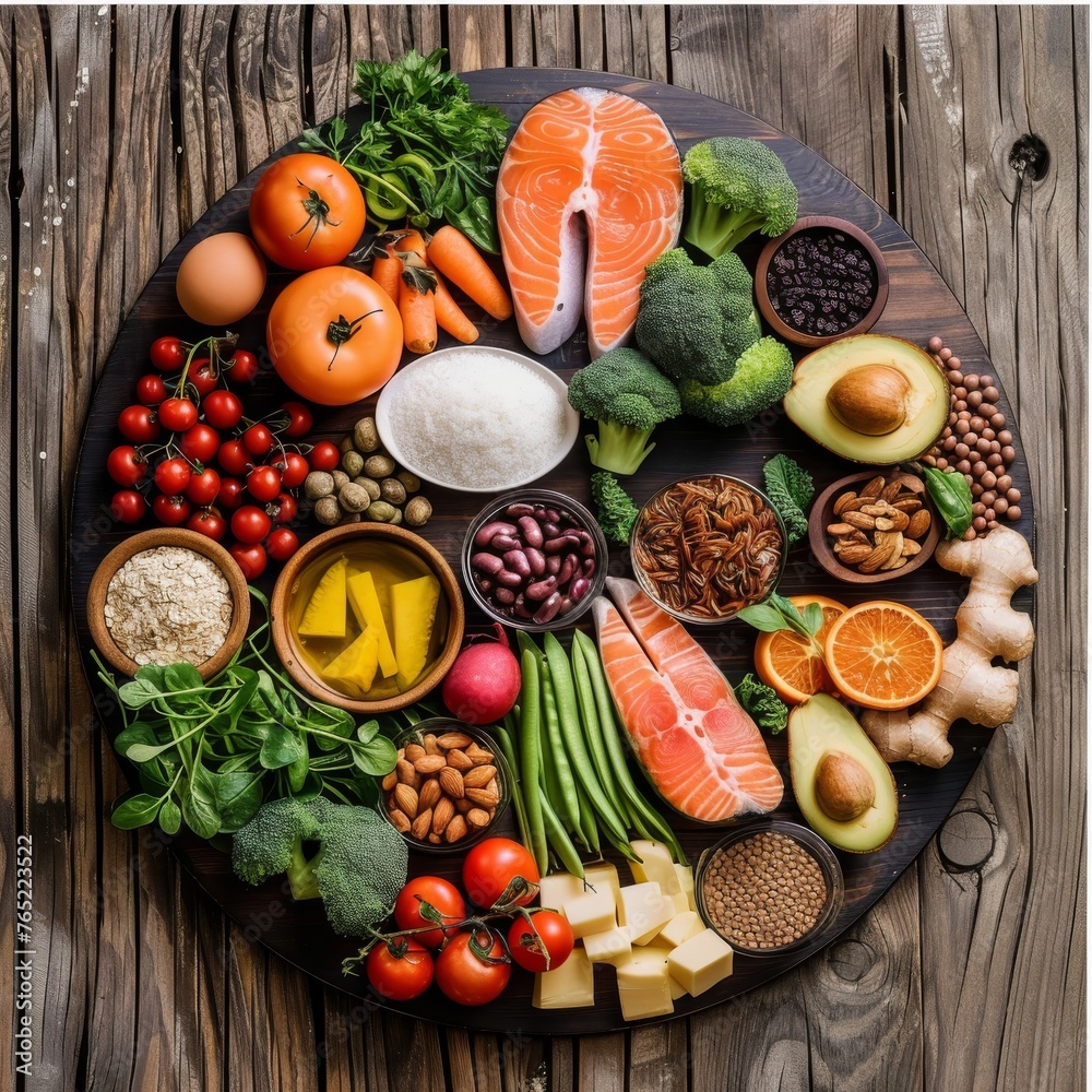 Nutritious food assortment on wooden board for balanced diet. Variety of healthy foods on rustic background for meal planning. Fresh ingredients for clean eating concept on wood surface.