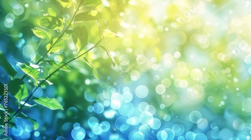Fresh green leaves under sunlight with sparkling bokeh background. Vivid leaves and soft sunlit bokeh for a tranquil natural setting. 