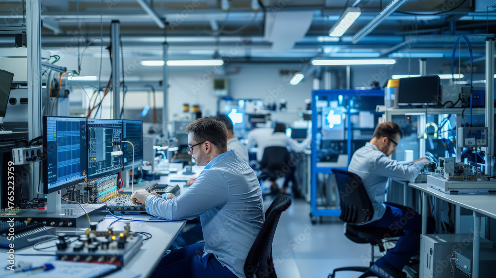 Fototapeta premium Electrical engineers in a modern laboratory meticulously working on designing a circuit board