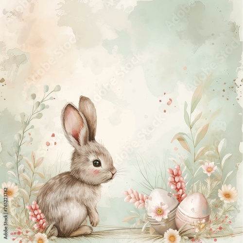 Easter decoration concept. Floral watercolor painting bunny and Easter eggs. AI generated.