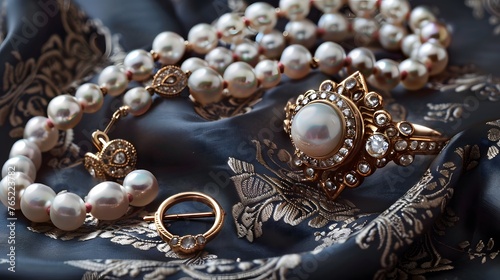 Ring, earrings, and necklace with pearls, high angle view