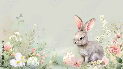 Easter decoration concept. Floral watercolor painting bunny and Easter eggs. AI generated.