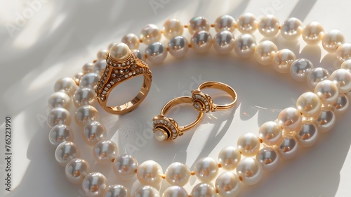 Ring, earrings, and necklace with pearls, high angle view
