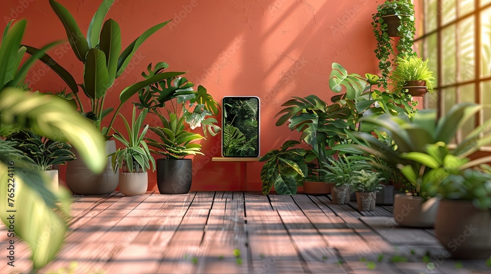 Fototapeta premium Augmented reality urban gardening, plant identification, care tips, solid color background, 4k, ultra hd