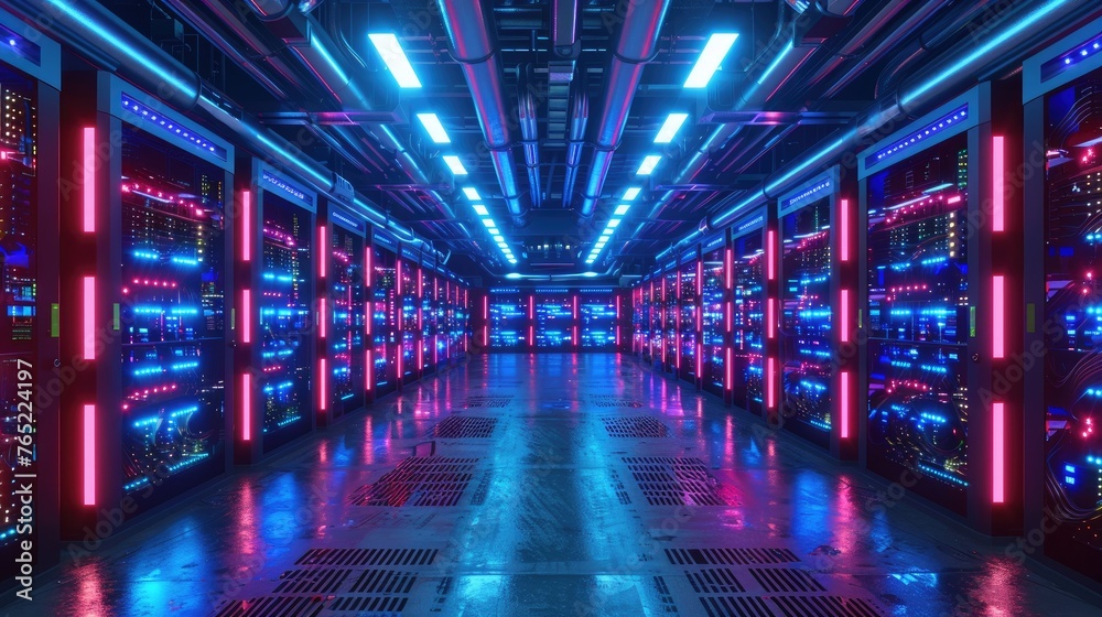 Cryptocurrency mining farm with high-performance computers and cooling systems, solid color background, 4k, ultra hd