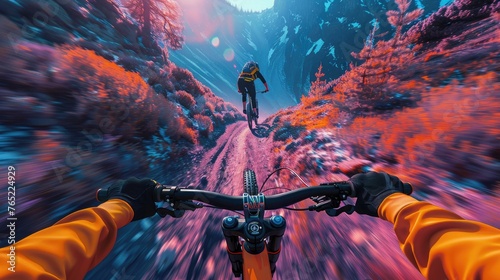 Augmented reality mountain biking trails, performance metrics, trail navigation, solid color background, 4k, ultra hd photo