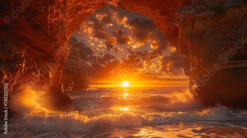 The sun shines through the mountains, casting an amber afterglow in the cave