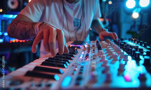 A music producer working in a studio with faders