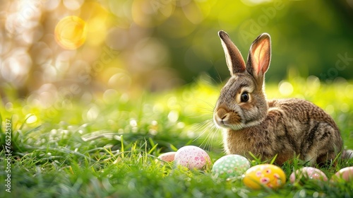 Rabbit next to scattered eggs on dewy morning grass © Настя Олейничук