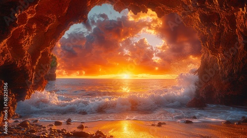 Red sky at morning, sun sets over ocean in cave, orange glow in sky
