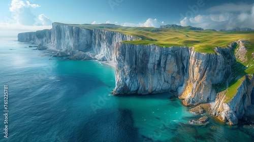A stunning aerial view of a coastal cliff over the ocean under a cloudy sky