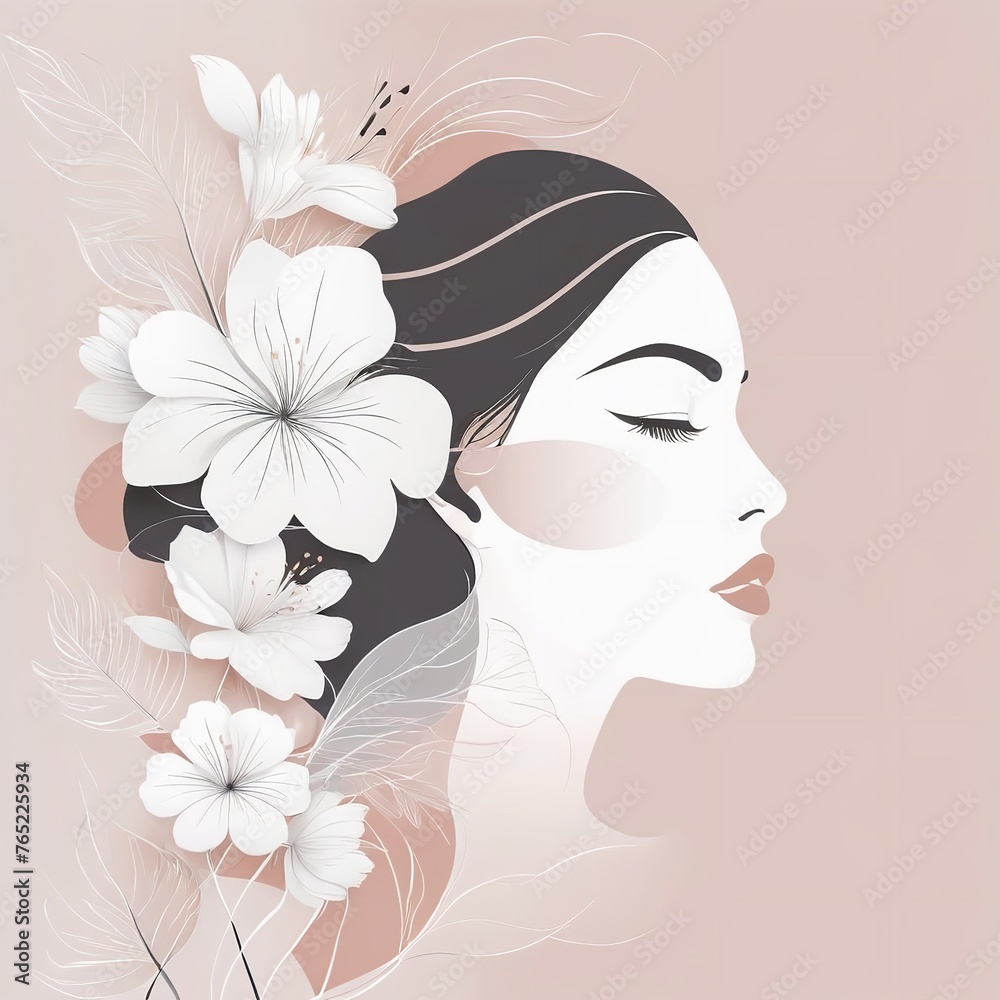 Abstract female face in one line. Woman face with flowers Surreal Line art female floral girl. Minimalism Abstract modern Continuous single line woman face portrait
