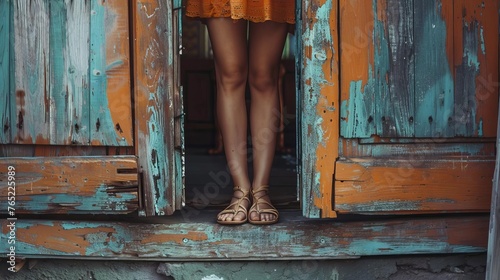 Woman's Legs in Front of Open Wooden Door, Evoking Childhood Memories and Nostalgia for Home, Conceptual Close-Up Photograph