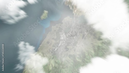 Earth zoom in from space to Porirua, New Zealand. Followed by zoom out through clouds and atmosphere into space. Satellite view. Travel intro. Images from NASA photo